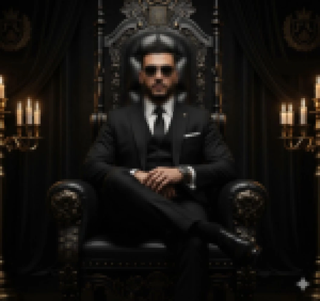 Man in black suit sitting confidently on royal throne surrounded by candles
