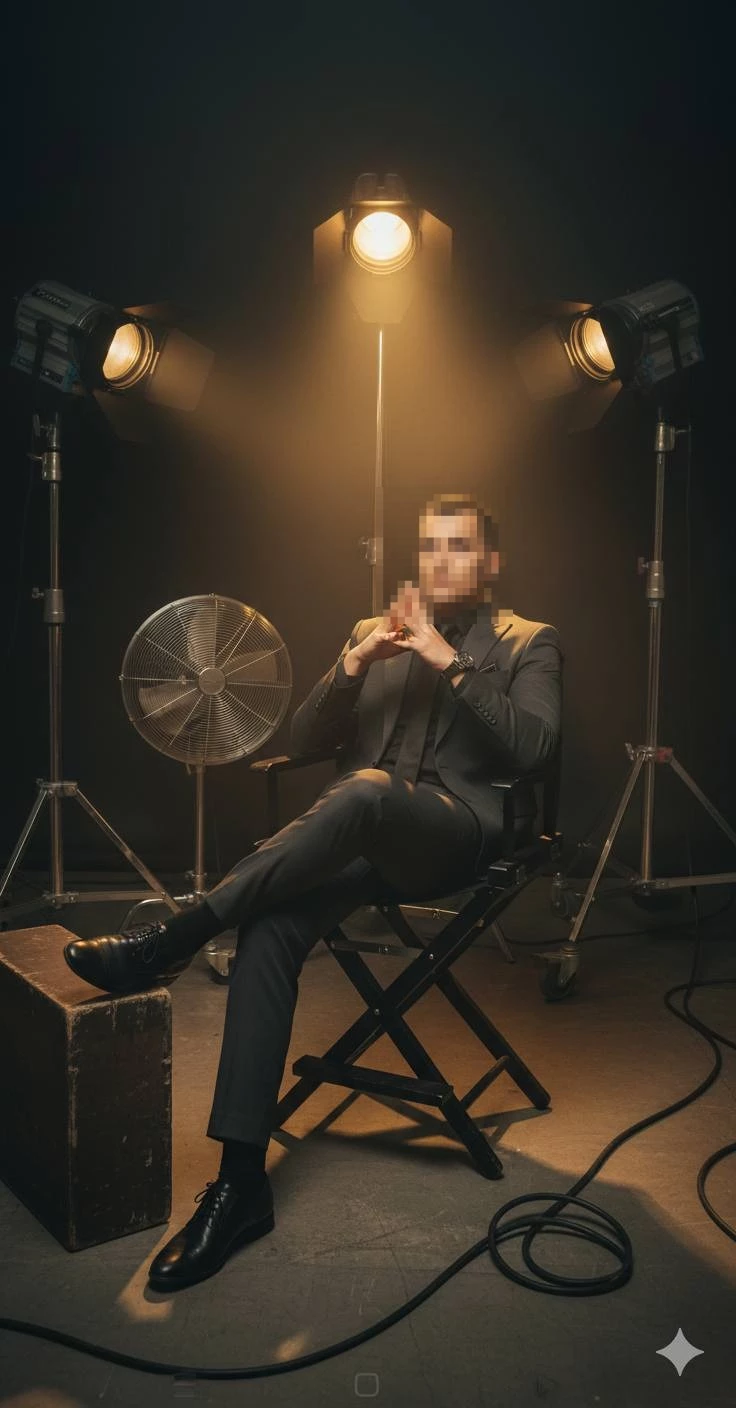 Man in Black Suit Sitting Confidently Under Studio Lights