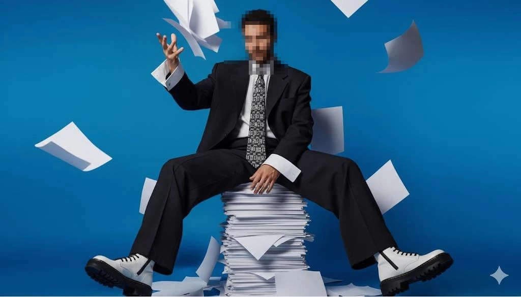Man in Black Suit Sitting on Pile of Papers While Throwing Sheets in Blue Studio