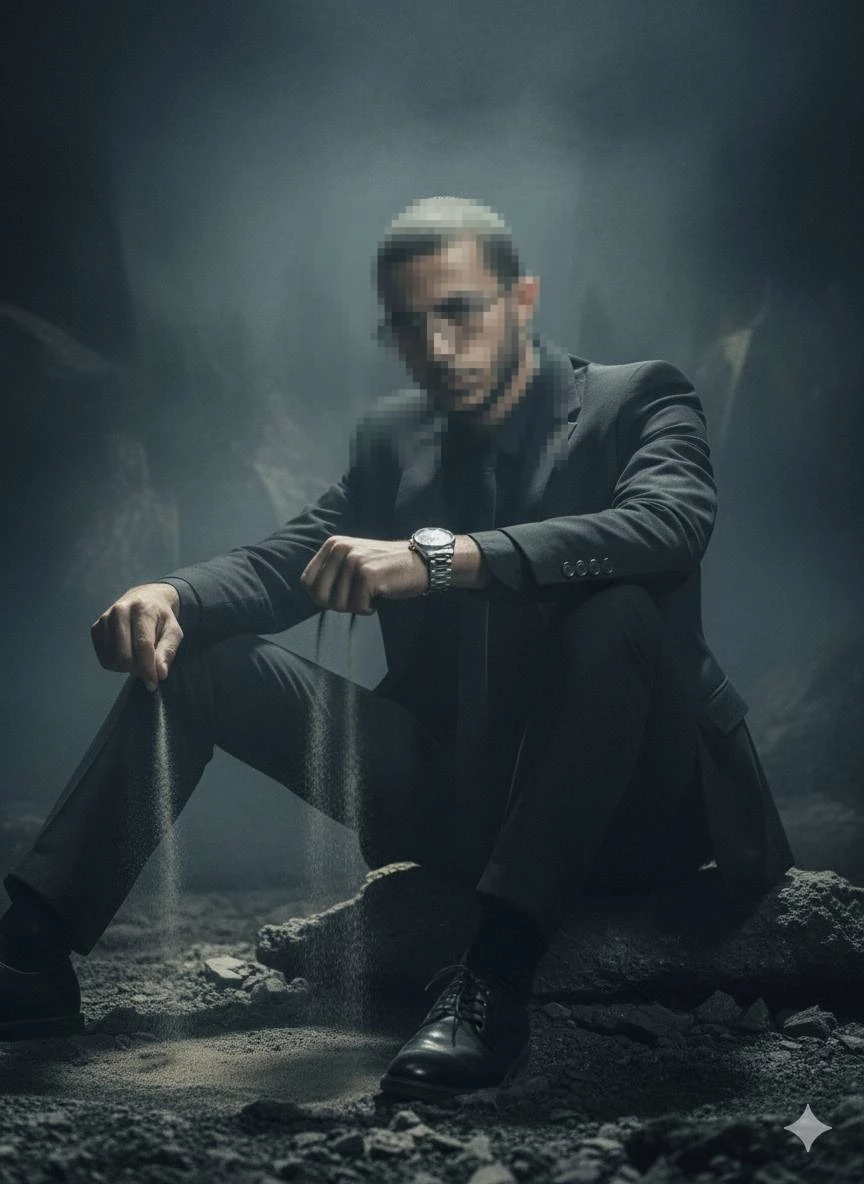 Man in Black Suit Sitting with Flowing Sand in Dark Cinematic Setting