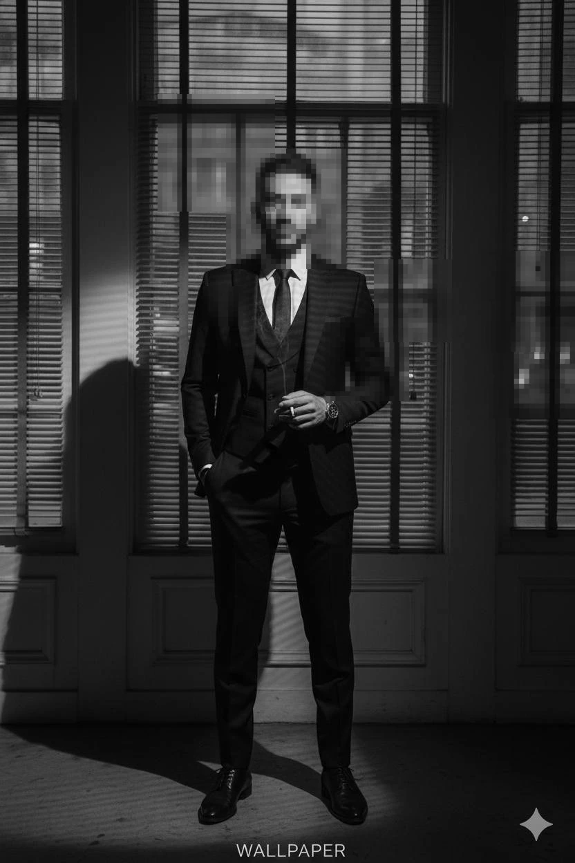 Man in black suit standing in dramatic window light with classic elegant style