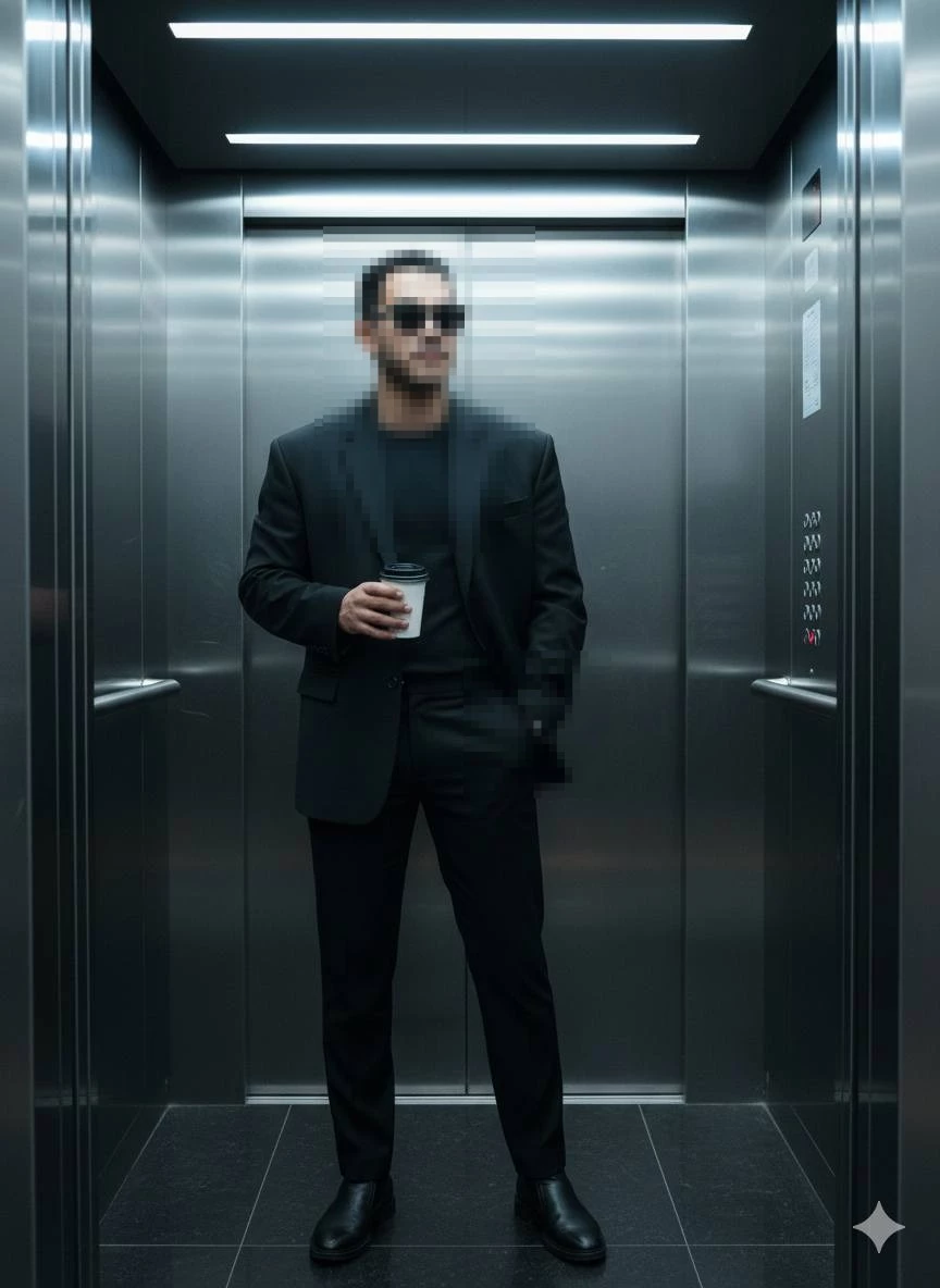Man in black suit with coffee standing confidently in modern elevator