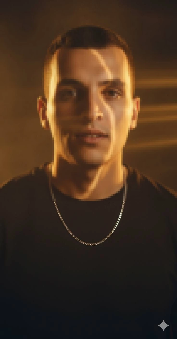 Man in Black T-Shirt with Golden Light and Shadows Artistic Portrait