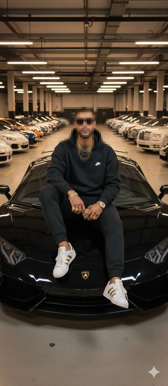 Man in black tracksuit sitting on Lamborghini in luxury car showroom with gold accessories