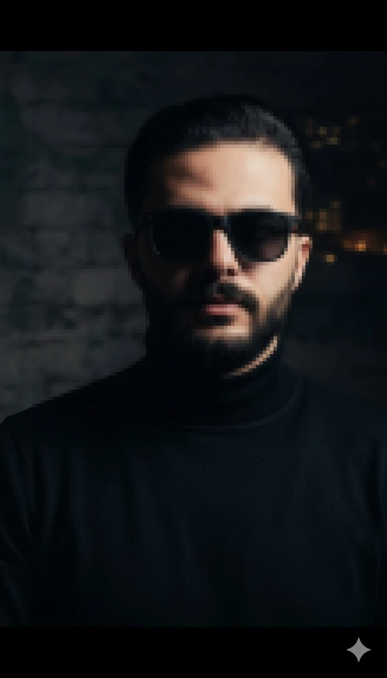 Man in black turtleneck and sunglasses posing confidently in moody lighting