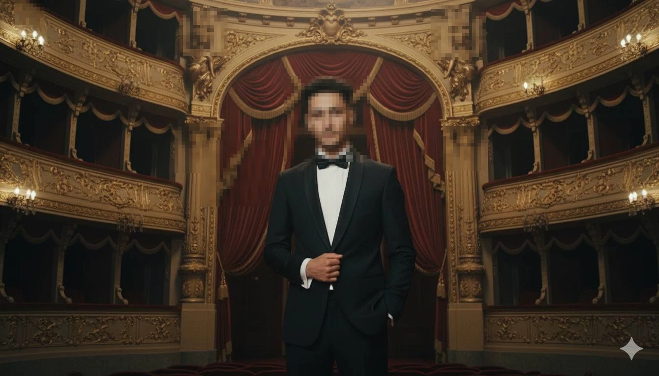 Man in black tuxedo standing confidently inside a grand opera house