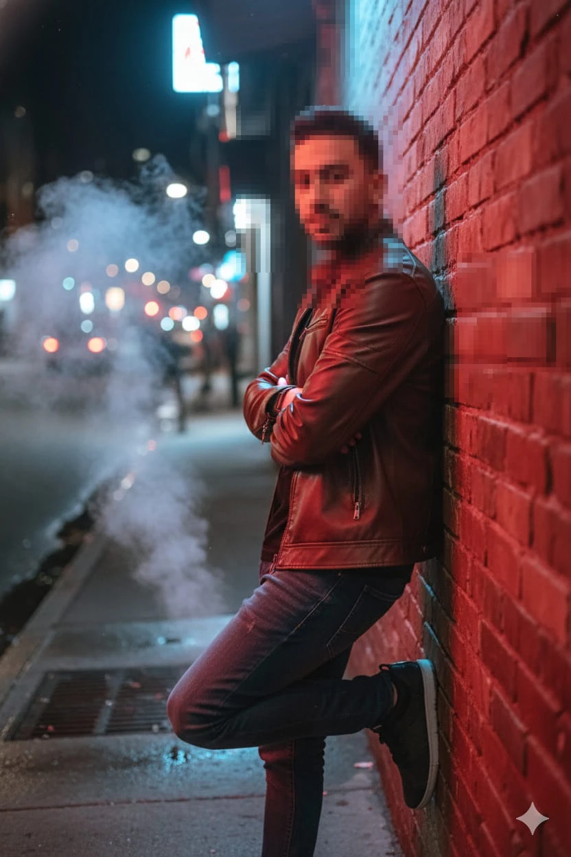 Man in brown leather jacket leaning on red brick wall at night city street