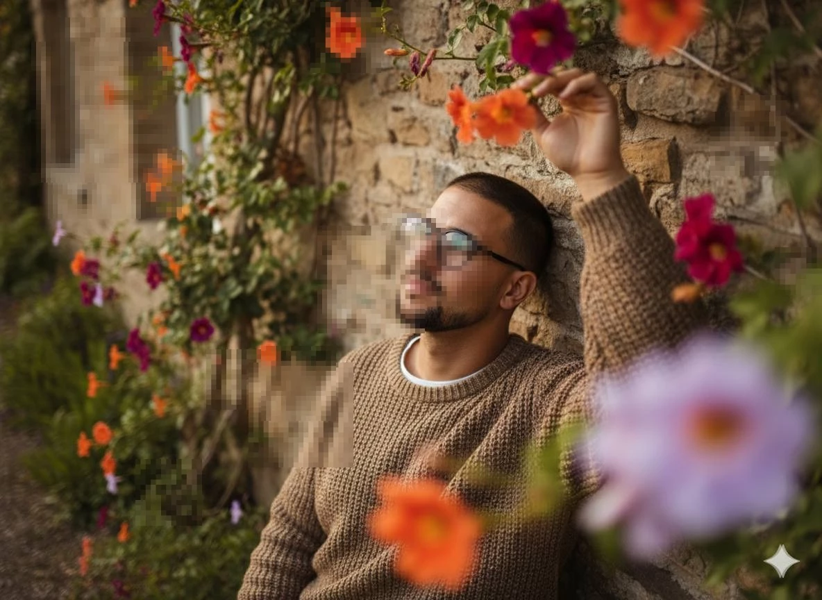Man in brown sweater relaxing by stone wall surrounded by colorful blooming flowers