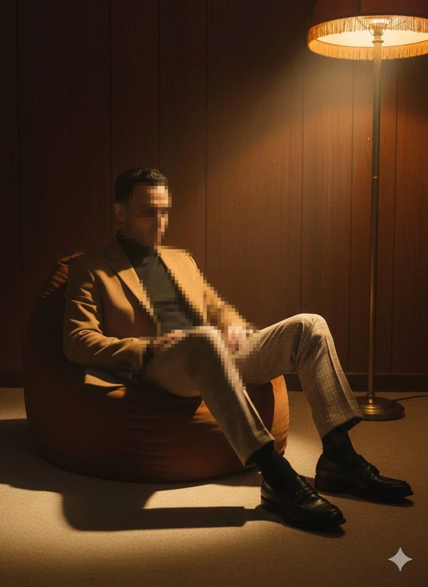 Man in camel blazer sitting under warm lamp in vintage styled room