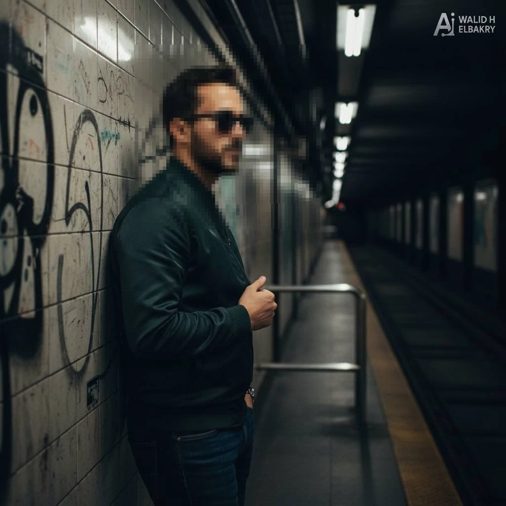 Man in dark jacket leaning against graffiti wall in empty subway station