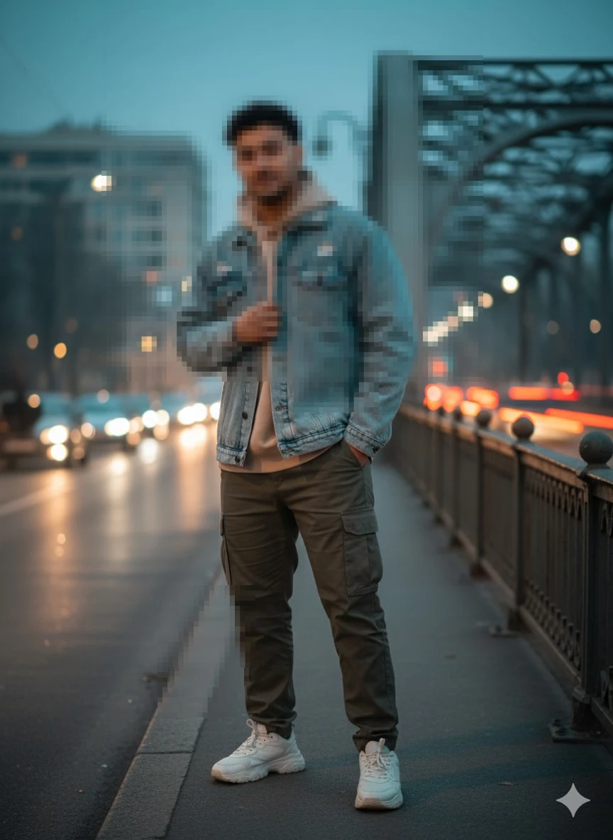 Man in Denim Jacket and Cargo Pants Standing on City Bridge at Dusk