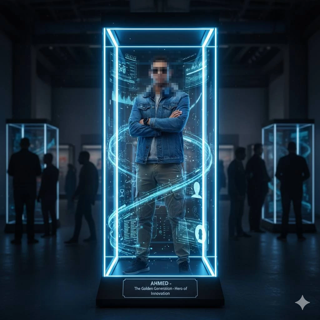 Man in Futuristic Glass Display with Blue Holographic Lights and Tech Effects