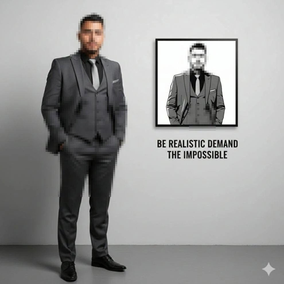 Man in Gray Suit Standing Beside Motivational Artwork in Modern Studio