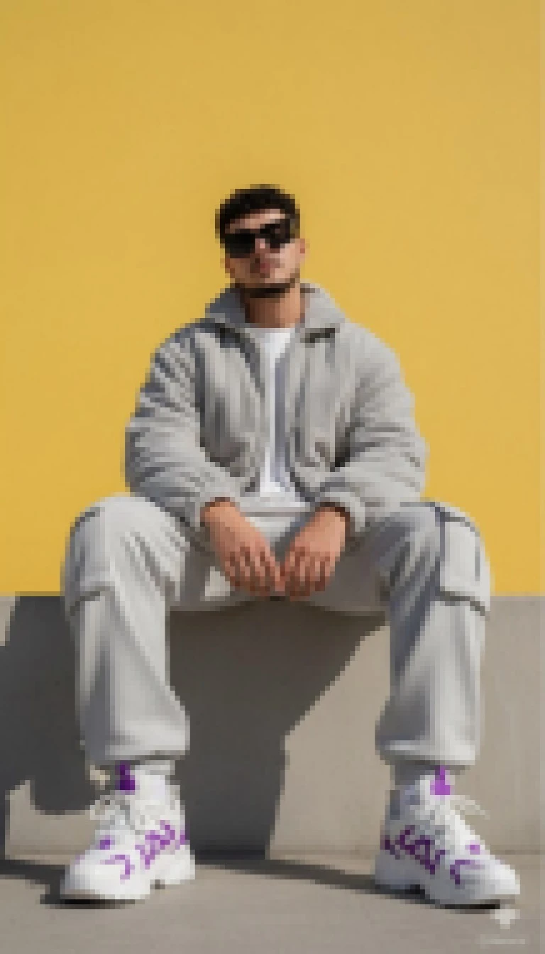 Man in Gray Tracksuit and Sunglasses Sitting Against Yellow Wall