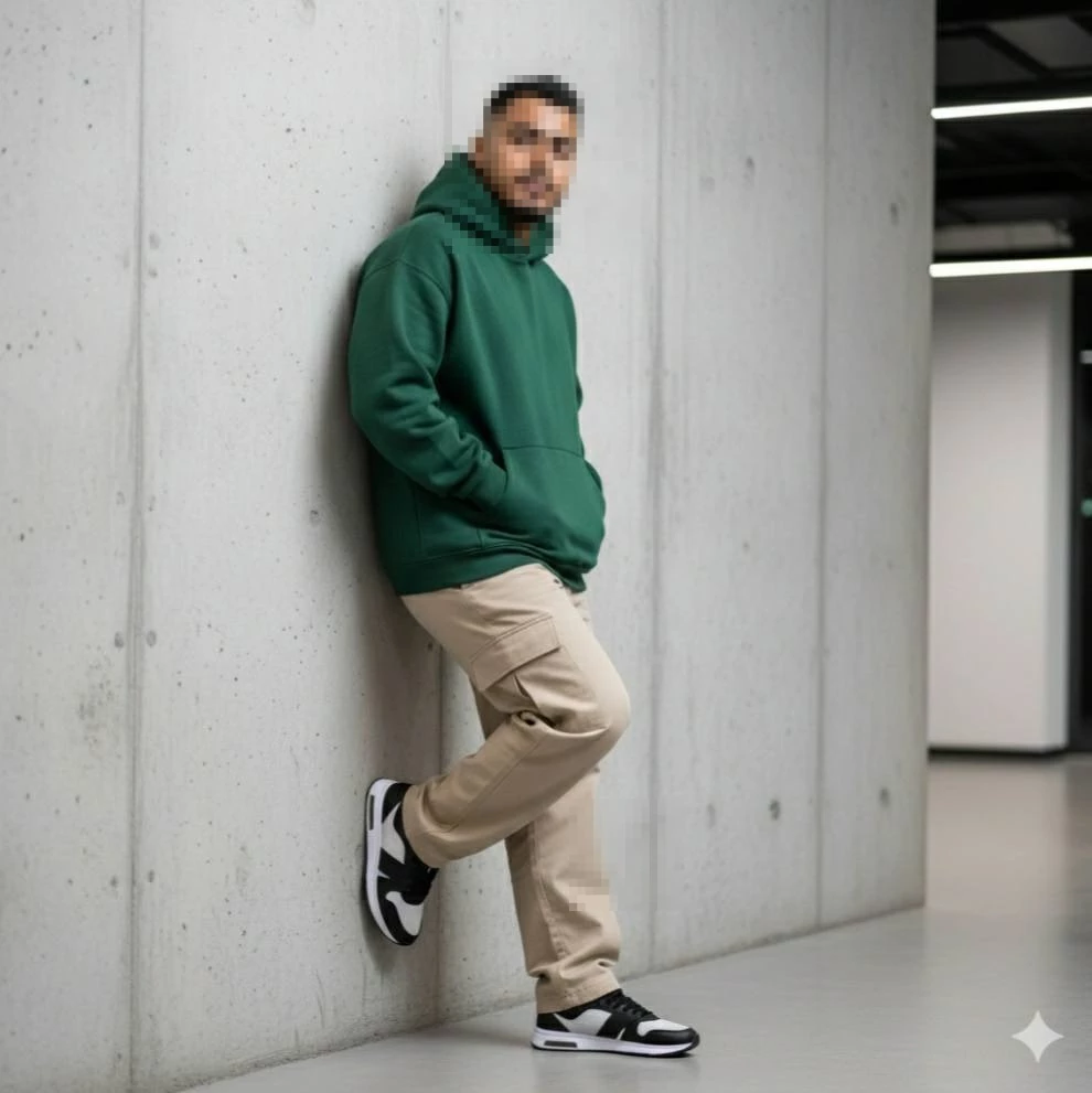 Man in Green Hoodie and Beige Pants Leaning Against Concrete Wall Indoors