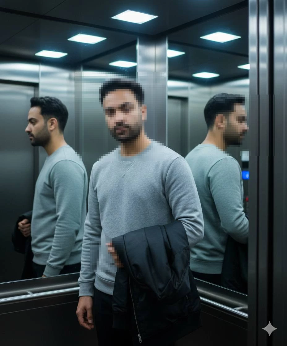 Man in grey sweatshirt standing in modern mirrored elevator holding black jacket