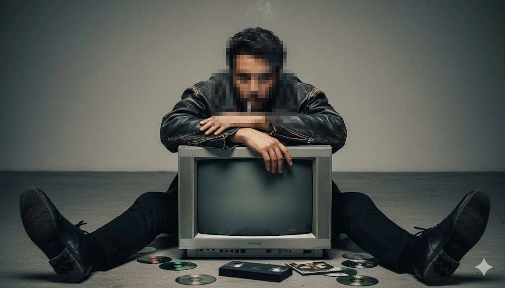 Man in leather jacket sitting with vintage TV and retro discs on the floor