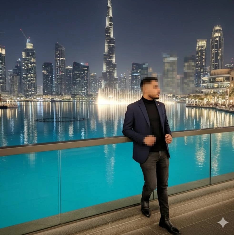 Man in navy blazer posing by city skyline and fountain at night