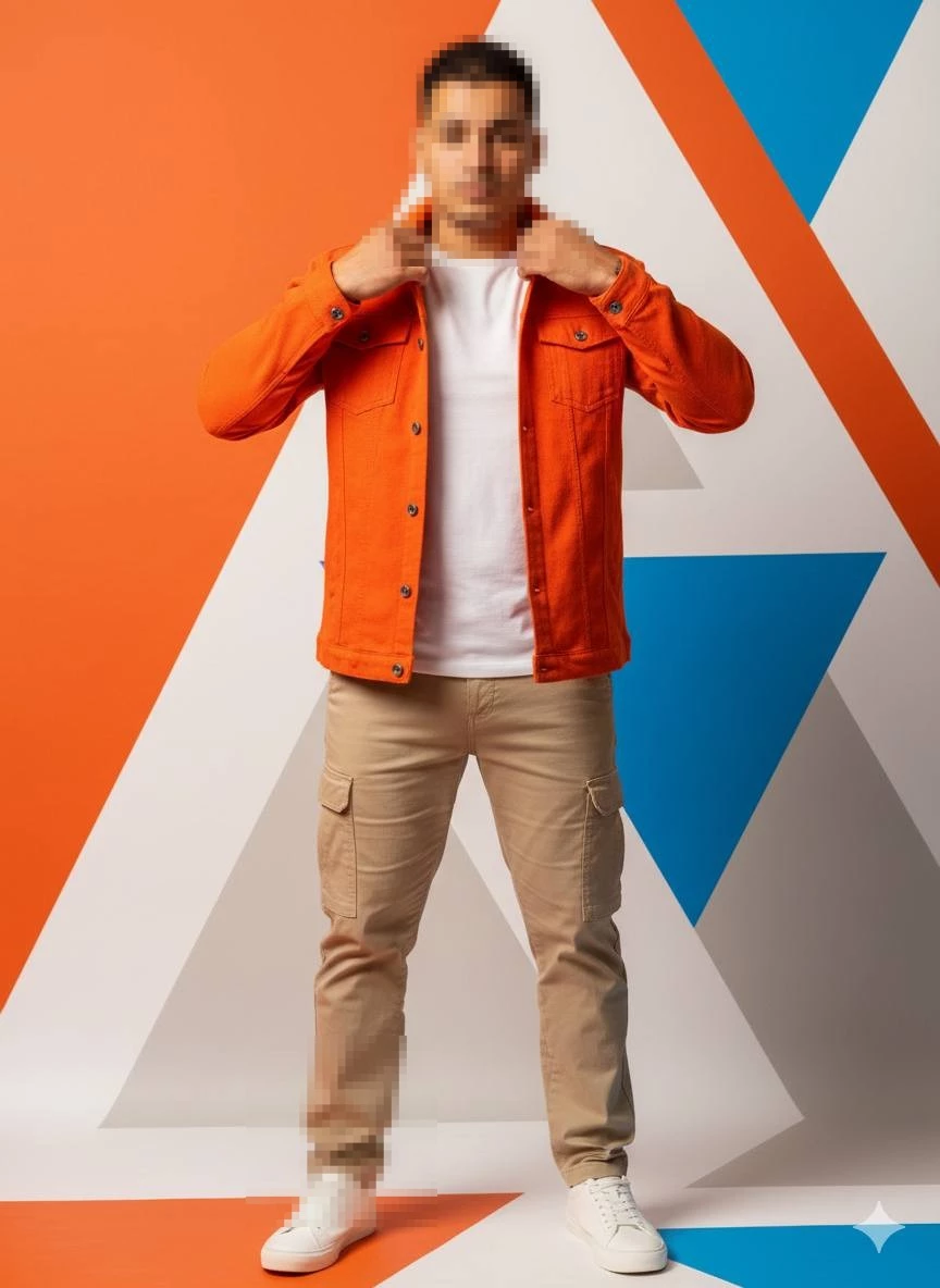 Man in orange jacket and beige pants posing confidently against geometric background