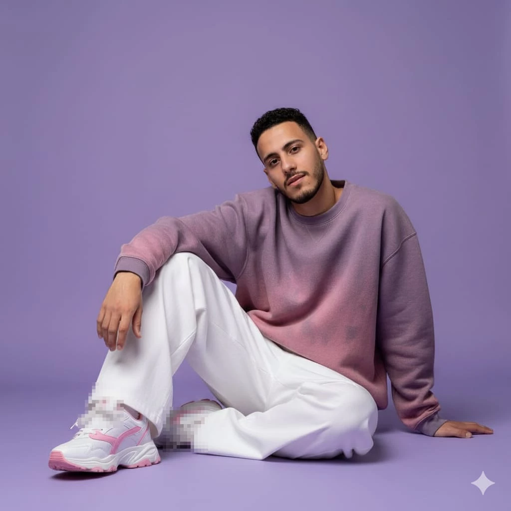 Man in pastel purple sweatshirt and white pants sitting on lavender background