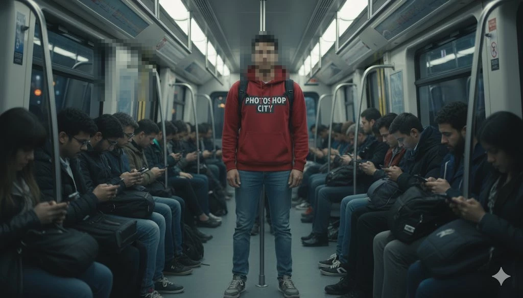 Man in red hoodie standing in subway while passengers look at their phones