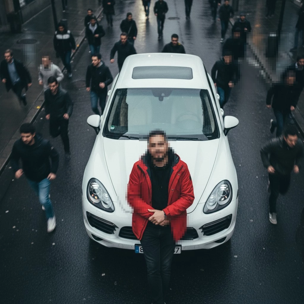 Man in Red Jacket Standing Confidently in Front of White Car on City Street
