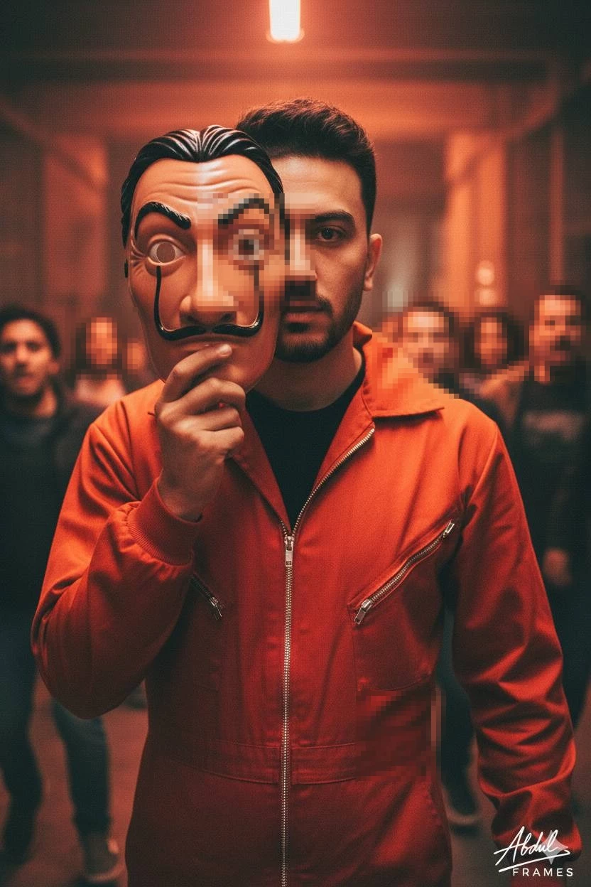 Man in Red Jumpsuit Holding Mask in a Dramatic Cinematic Scene