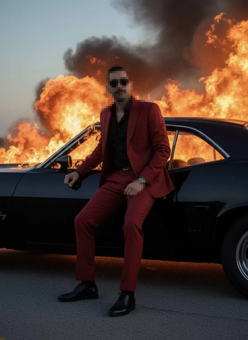 Man in Red Suit Sitting on a Car with Dramatic Flames in the Background