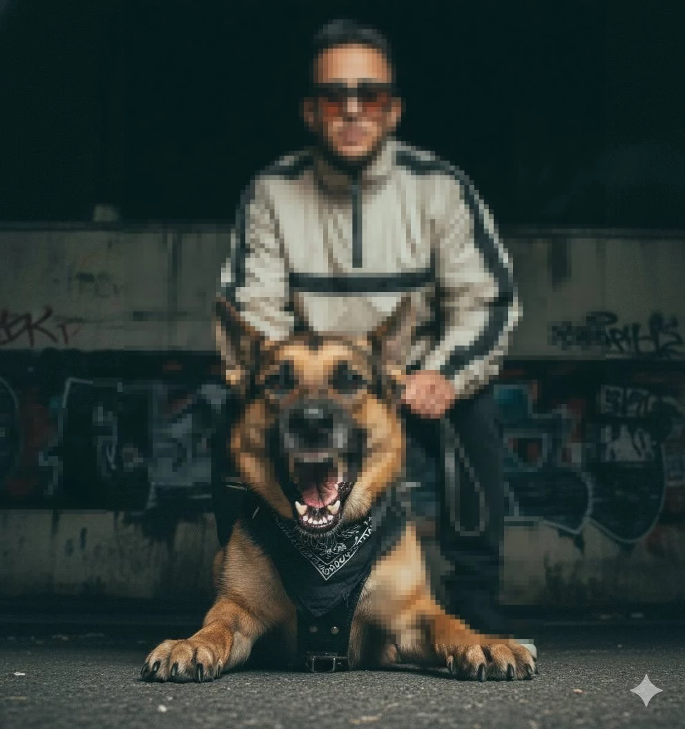Man in Stylish Jacket with German Shepherd Dog in Urban Graffiti Background