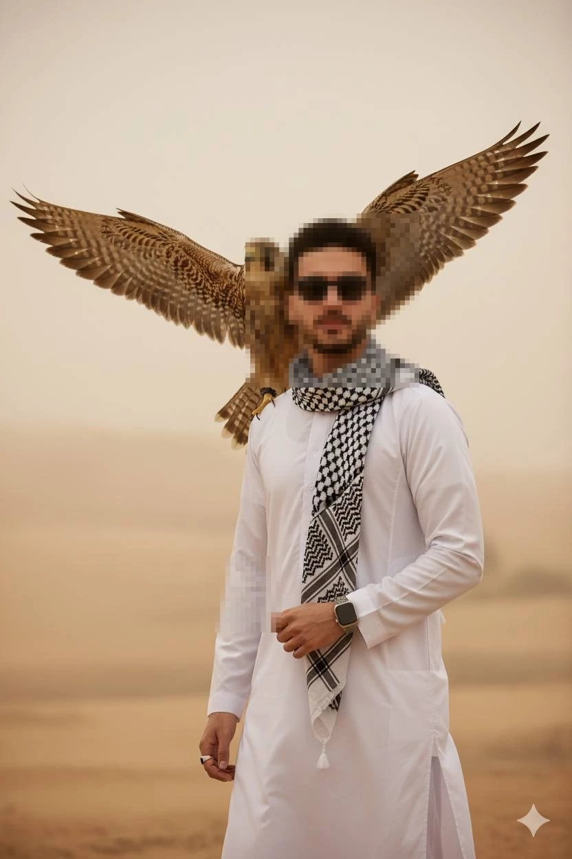 Man in Traditional White Thobe with Falcon in the Desert