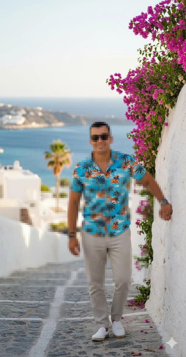 Man in Tropical Shirt Walking on Greek Island Street with Sea View