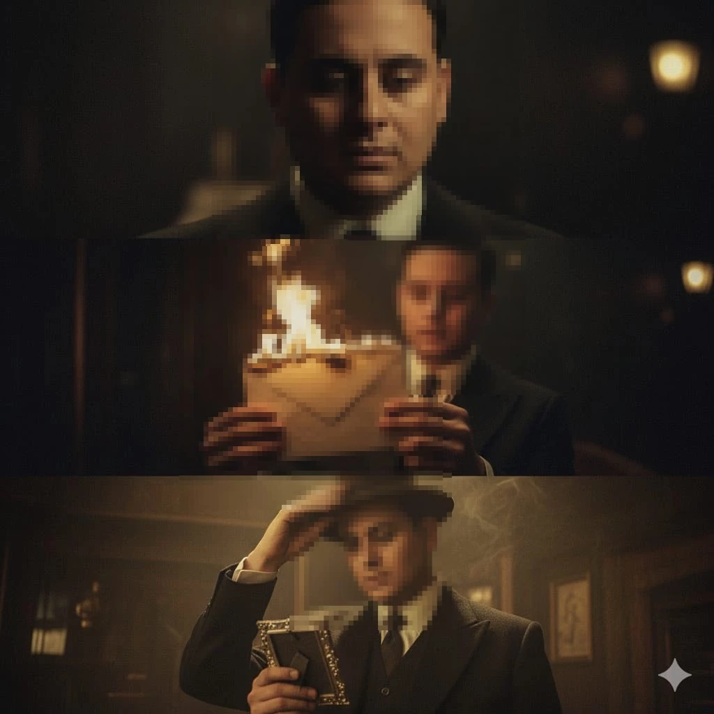 Man in Vintage Suit Burning Letter and Holding Photo in Dramatic Noir Scene