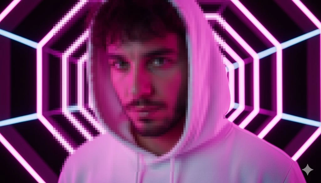 Man in white hoodie standing in neon pink and blue futuristic tunnel