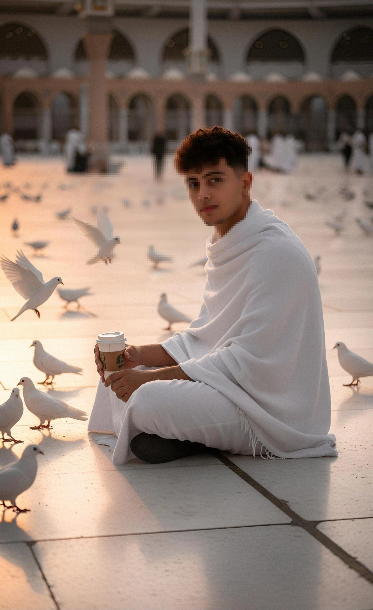 Man in White Ihram Sitting Peacefully Among Pigeons at Sacred Courtyard