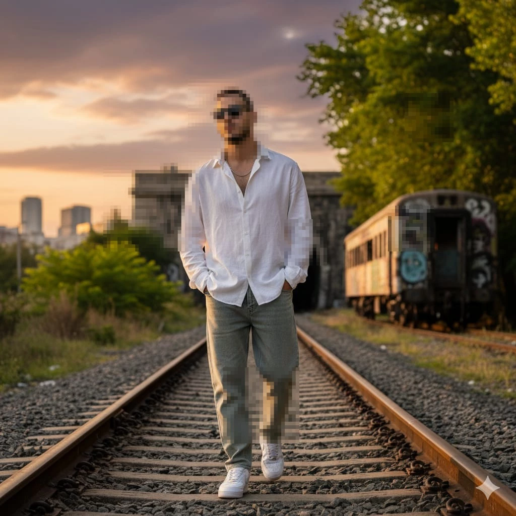 Man in white shirt walking on railway tracks at sunset near old train