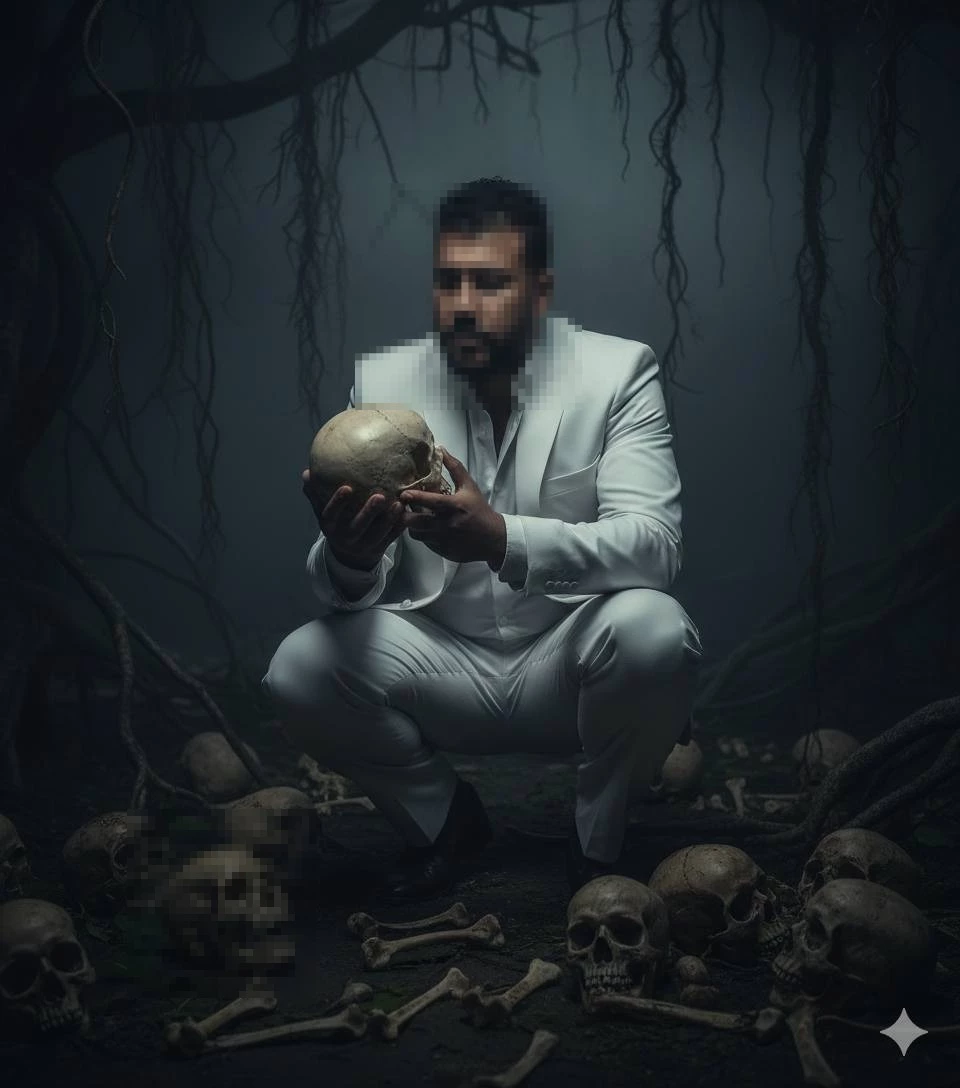 Man in white suit holding a skull in a dark mysterious forest with scattered bones