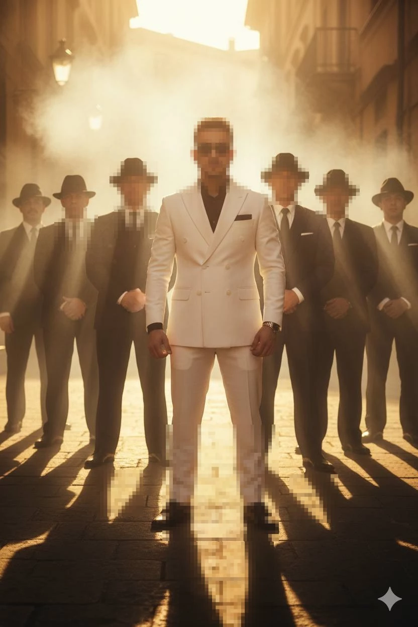 Man in White Suit Leading a Group of Men in a Dramatic Cinematic Street Scene
