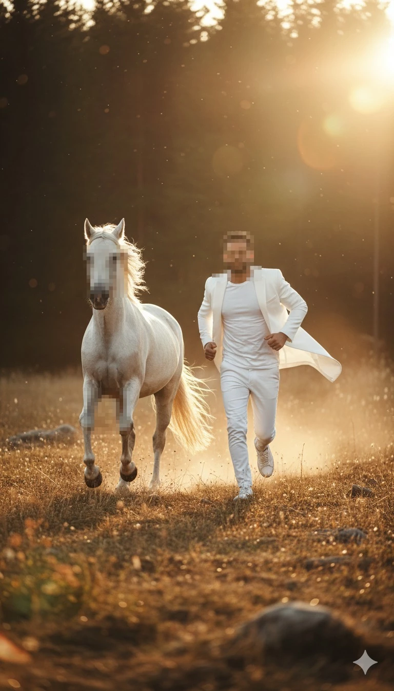 Man in white suit running beside a white horse in golden sunset field
