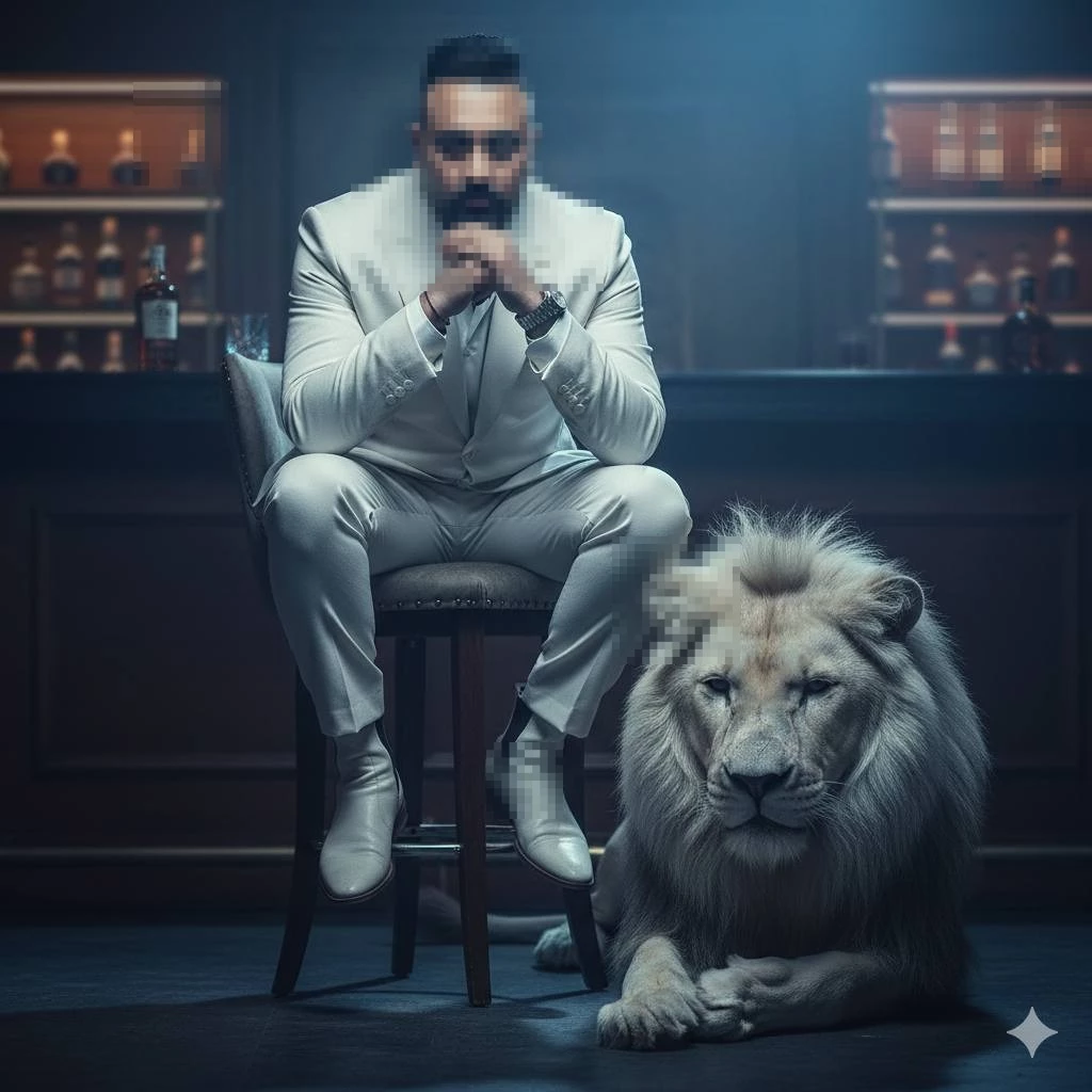 Man in white suit sitting confidently beside a majestic white lion in a luxury bar