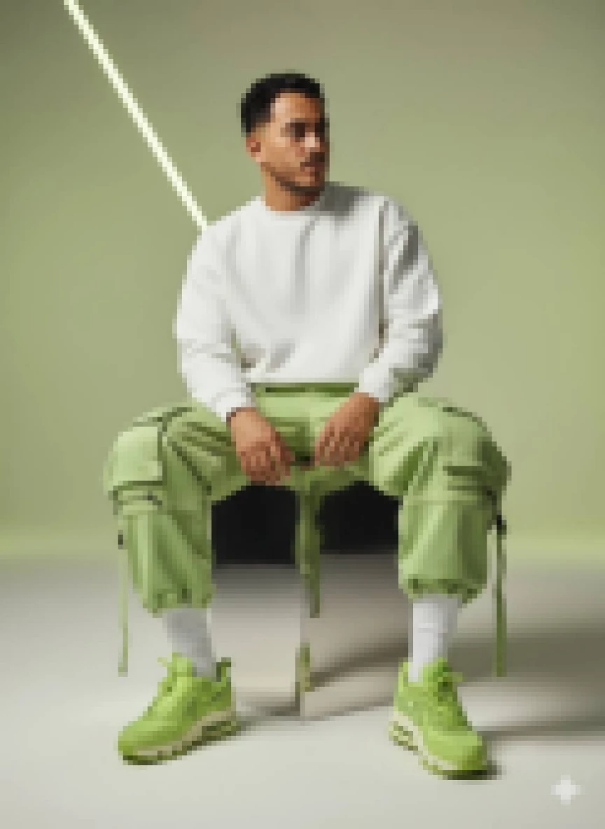 Man in white sweatshirt and green cargo pants wearing vibrant Nike sneakers in studio