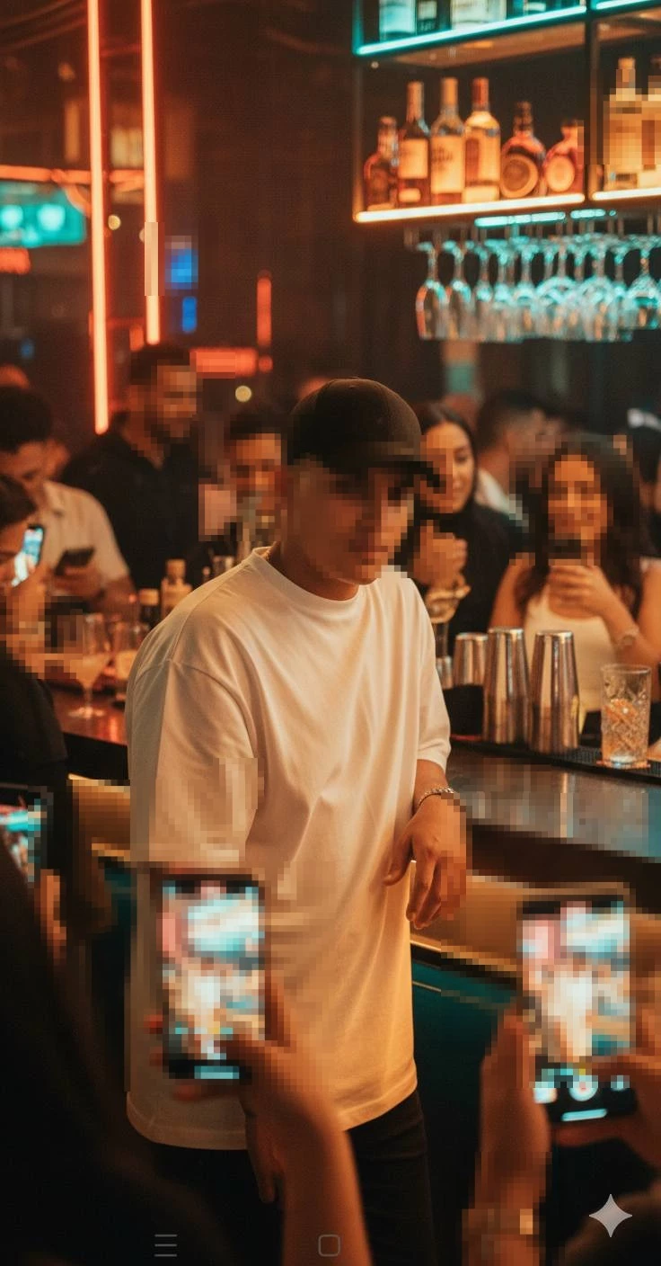 Man in White T-Shirt and Black Cap at a Lively Night Bar Scene