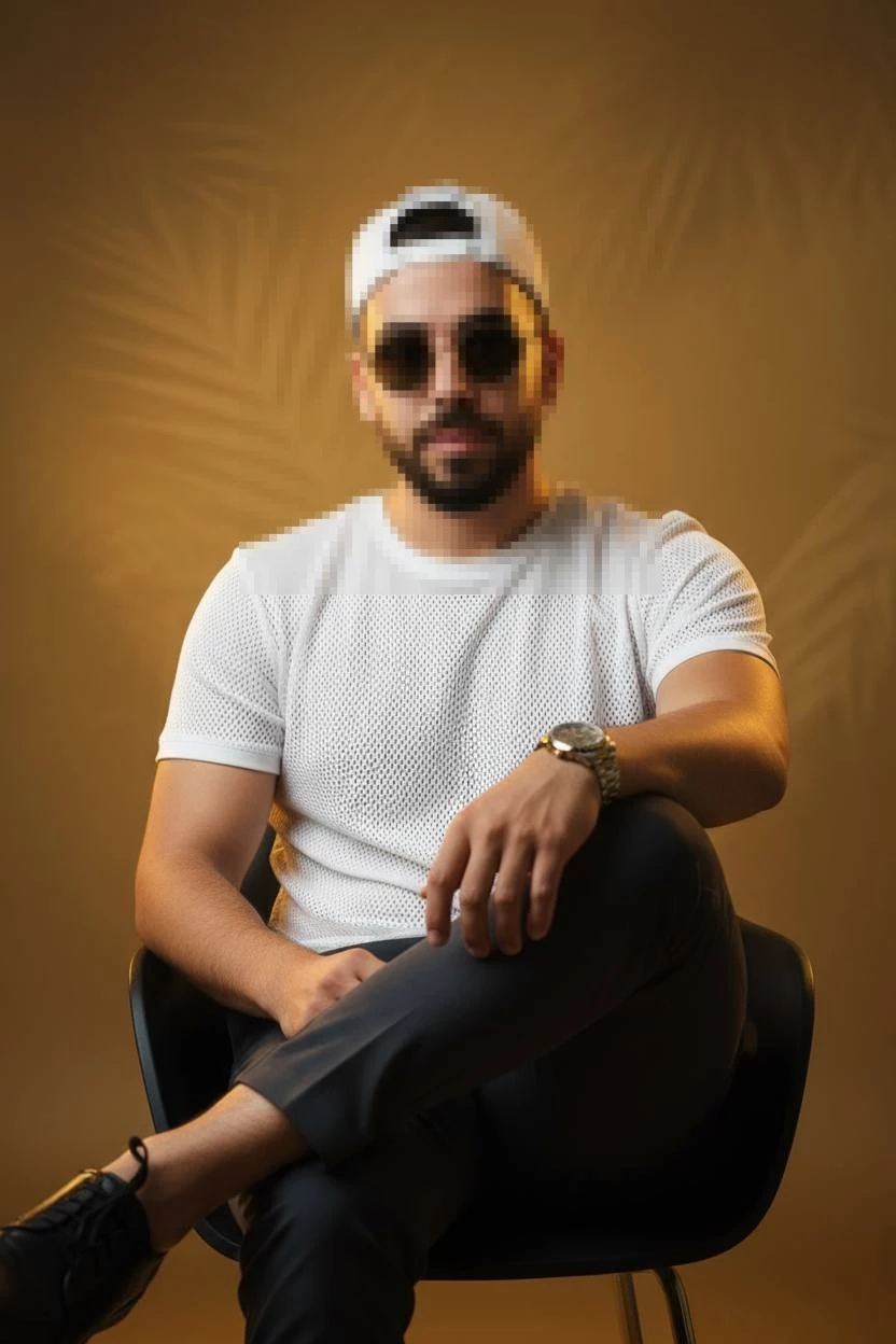 Man in white t shirt and cap sitting confidently with golden background