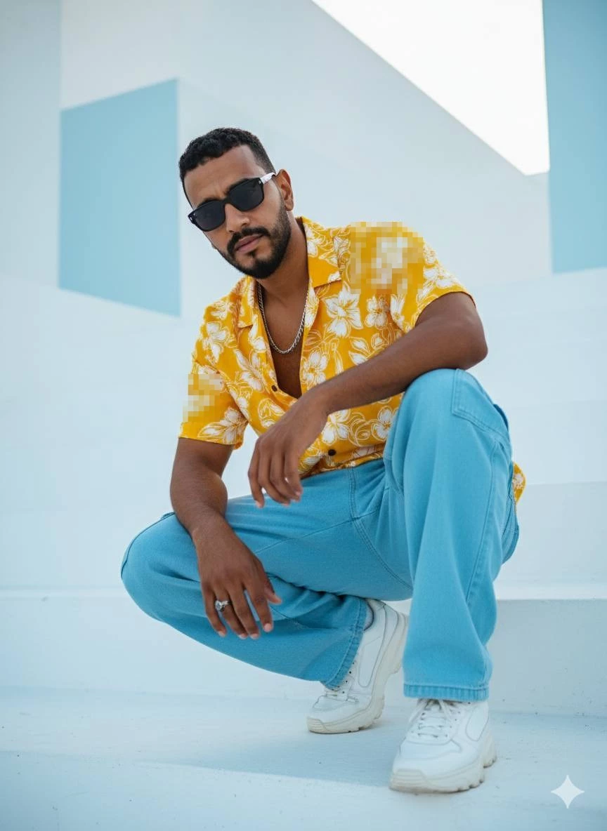 Man in yellow floral shirt posing stylishly on white stairs under bright sunlight