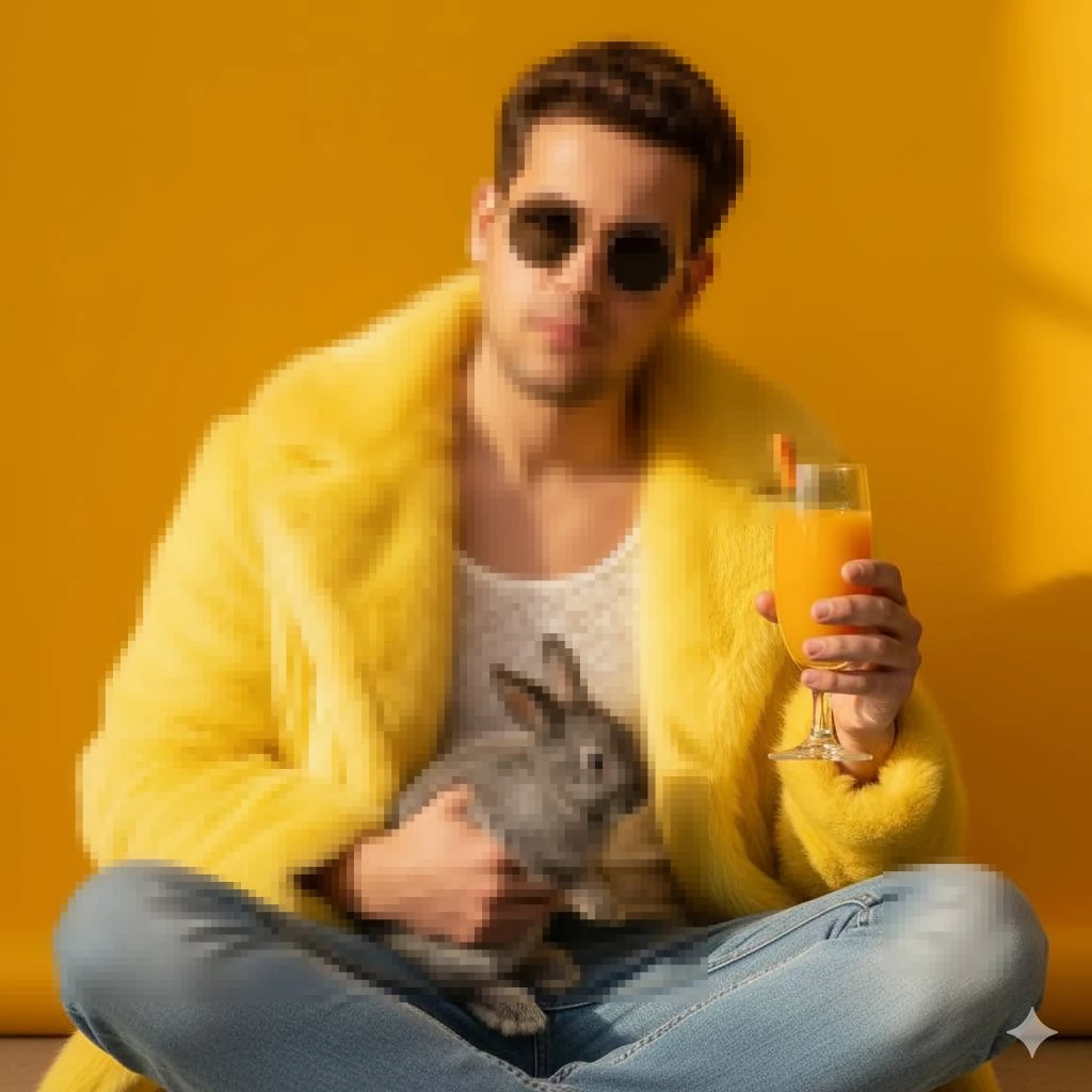 Man in Yellow Fur Coat Holding Rabbit and Orange Juice Against Yellow Background
