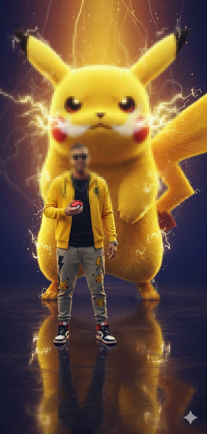 Man in Yellow Pikachu Outfit Holding Poké Ball with Giant Electric Pikachu Behind