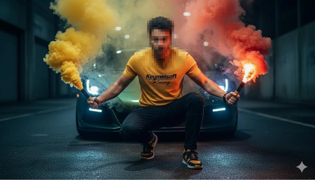 Man in Yellow T-Shirt Holding Red and Yellow Smoke Flares in Front of Sports Car