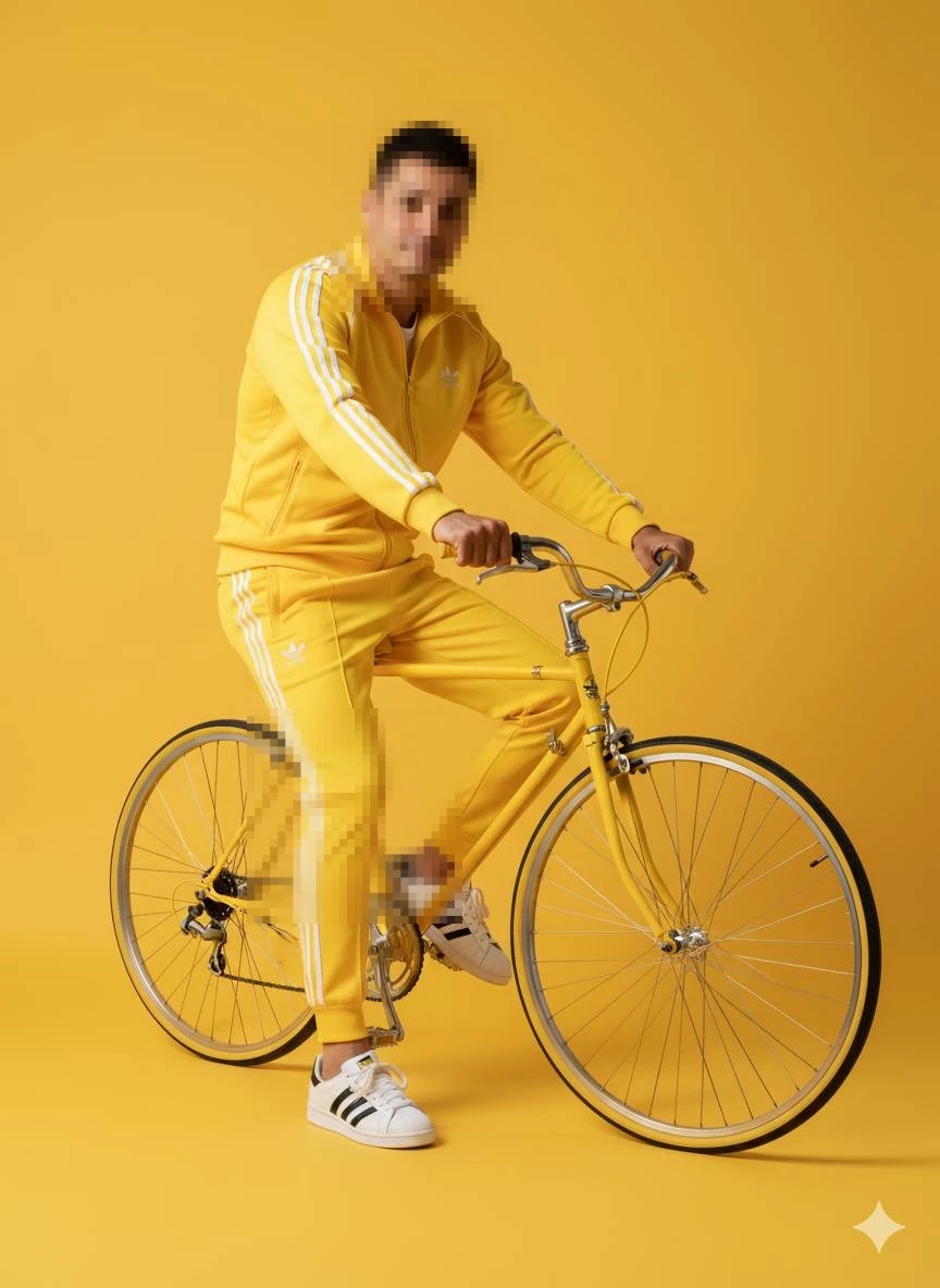 Man in Yellow Tracksuit Riding Bicycle on Bright Yellow Background