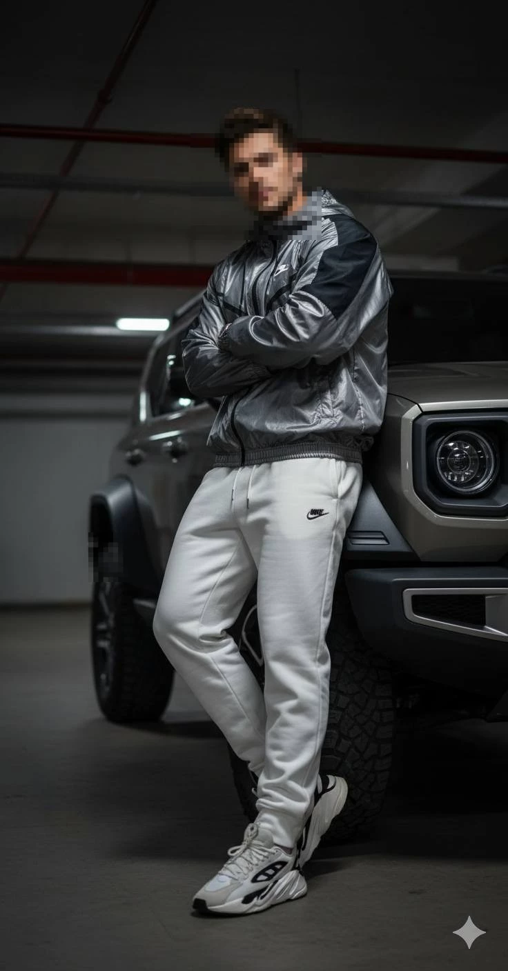 Man leaning on SUV wearing silver Nike jacket and white sweatpants