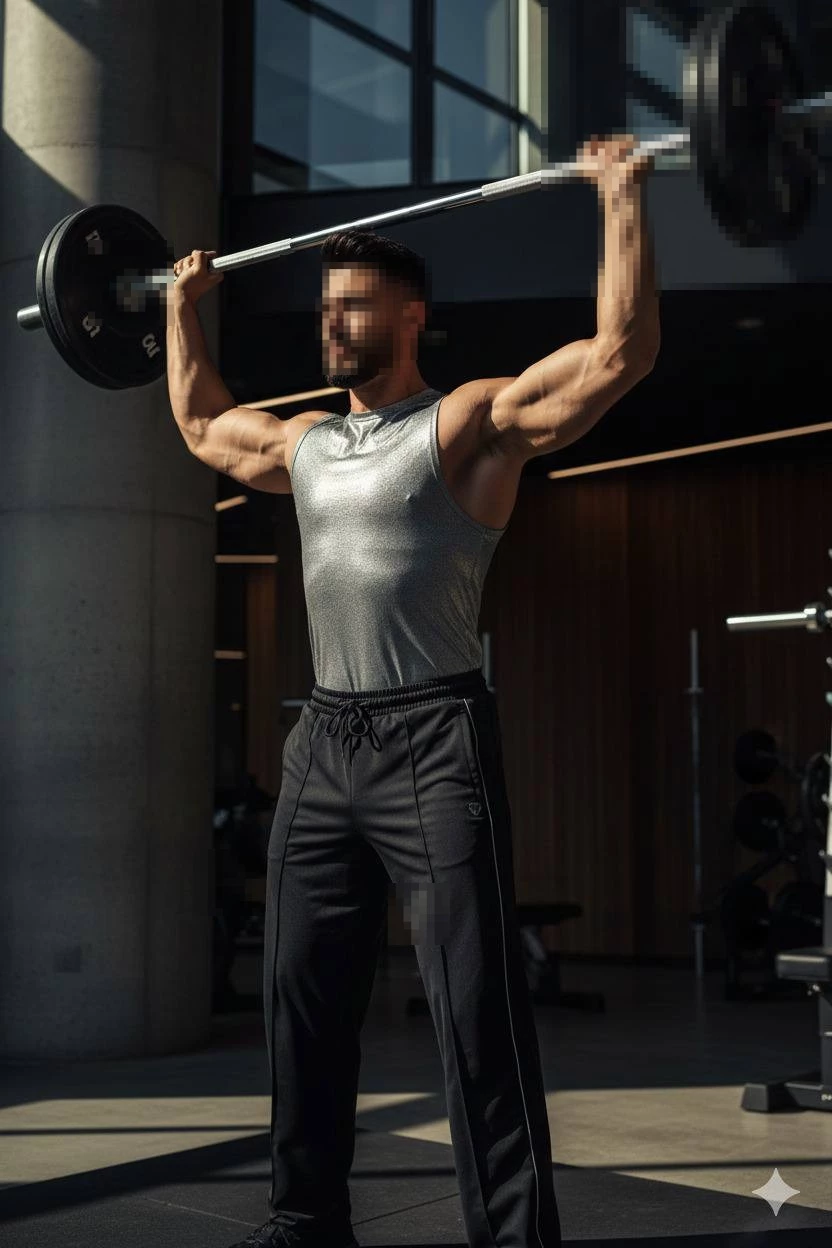 Man lifting a barbell overhead in a modern gym with strong natural lighting