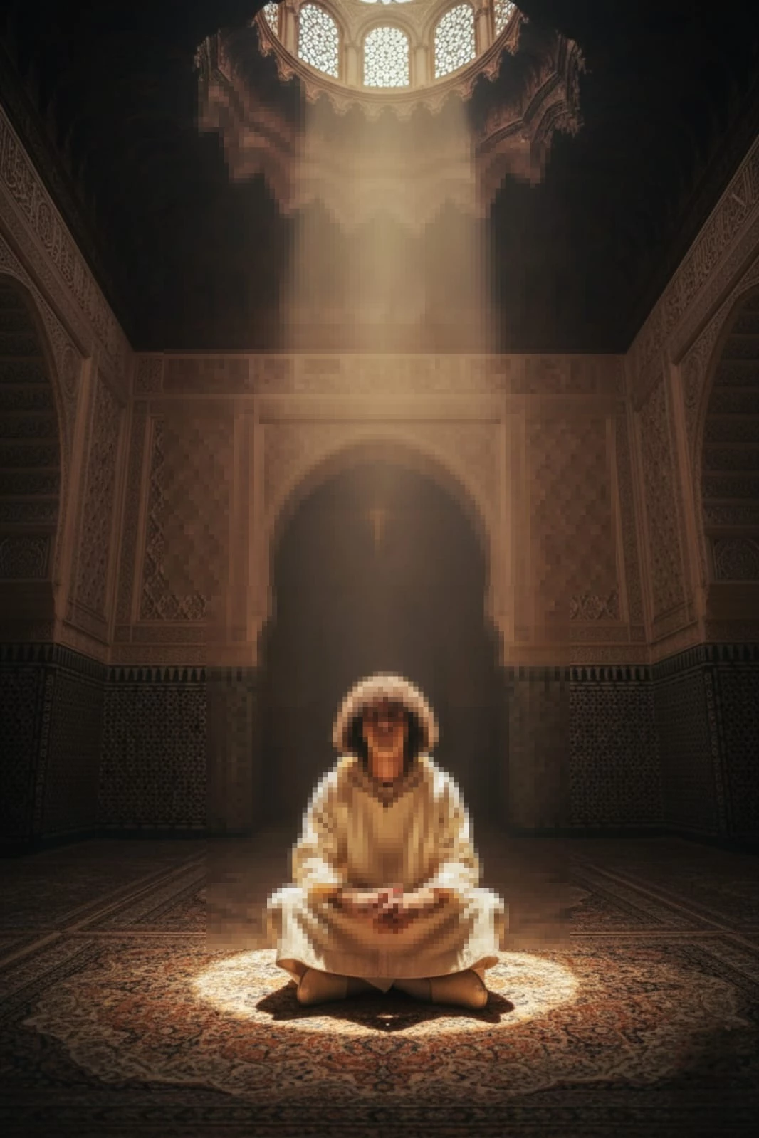 Man Meditating Under Sunlight in a Beautiful Islamic Mosque Interior